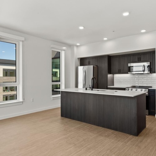 a kitchen with black cabinets